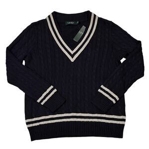 Lauren Ralph Lauren Cricket Tennis Sweater Womens Large Blue Silver Cable Knit
